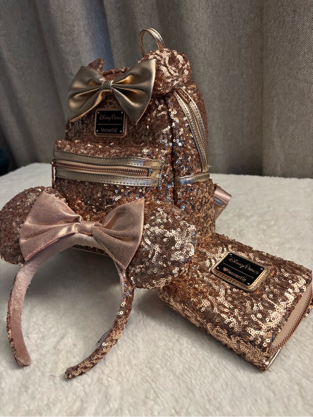 Loungefly Disney Rose Gold Sequins backpack, ears and wallet set